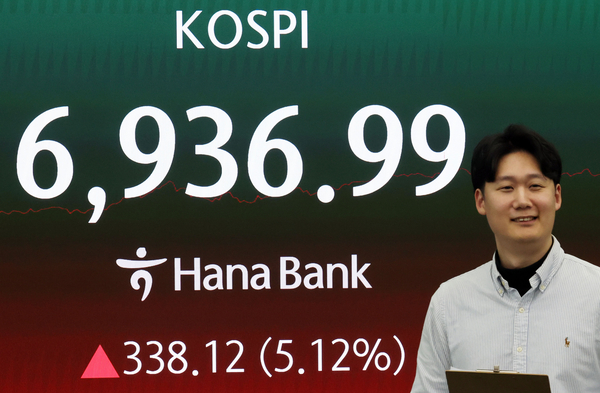 코스피가 4일 사상 처음 6,900선을 넘어서며 ‘7천피(코스피 7,000)’ 돌파를 코앞에 뒀다. 이날 코스피는 전장보다 338.12포인트(5.12%) 상승한 6,936.99에 장을 마쳤다. 이날 서울 중구 하나은행 딜링룸 현황판에 코스피가 표시되고 있다.  /연합뉴스