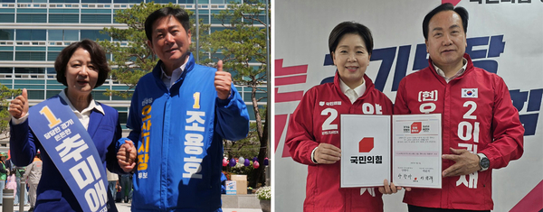 조용호 더불어민주당 오산시장 예비후보가 지난 5일 추미애 경기도지사 후보와 함께 어린이날 행사에서 원팀을 강조했다(왼쪽). 이권재 국민의힘 오산시장 예비후보가 6일 양향자 경기도지사 후보와 세교3지구 반도체소부장단지 조성을 위한 정책협약을 체결했다. /각 선거캠프 제공