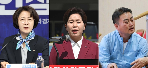(왼쪽부터)추미애 더불어민주당 후보, 양향자 국민의힘 후보, 홍성규 진보당 후보. /연합뉴스·후보 제공