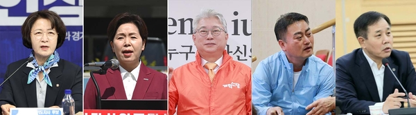 (왼쪽부터)추미애 더불어민주당 후보, 양향자 국민의힘 후보, 조응천 개혁신당 후보, 홍성규 진보당 후보, 김현욱 국민연합 후보. /연합뉴스·후보 제공
