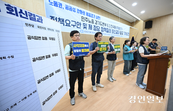 전국민주노동조합총연맹 경기지역본부 조합원들이 19일 수원시 경기도의회에서 6.3 전국동시지방선거 정책요구안 및 제 정당 정책질의 회신결과 발표 기자회견을 하고 있다. 2026.5.19 /최은성기자 ces7198@kyeongin.com