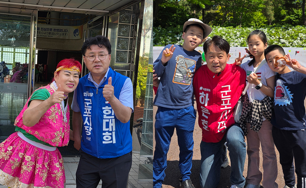 (왼쪽부터)더불어민주당 한대희 군포시장 후보가 지역 곳곳을 누비며 표심 확보에 나서고 있다. 국민의힘 하은호 군포시장 후보가 연임을 위한 선거운동에 총력을 다하고 있다. /한대희·하은호 후보 사무소 제공