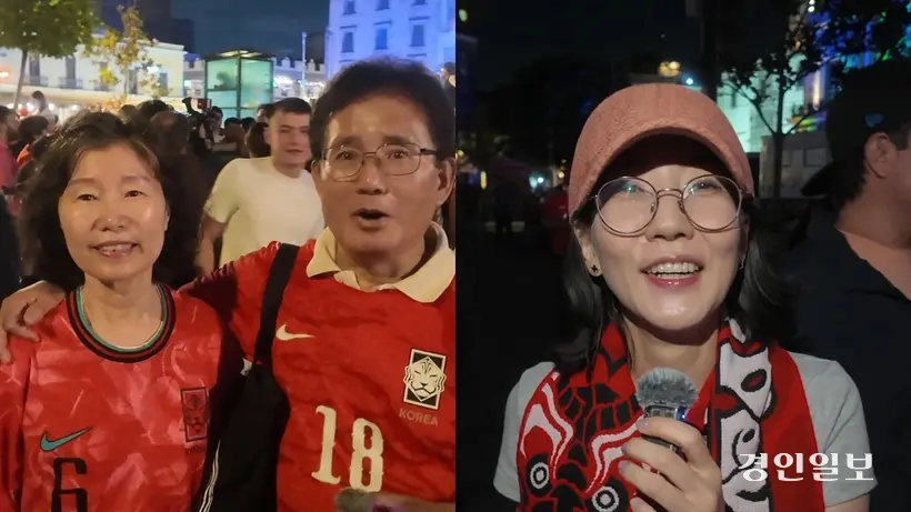 17일(현지시간) 멕시코 과달라하라의 플라자 과달라하라 분수대로에서 열린 붉은악마 게릴라 장외 응원전에 참여한 남현우(왼쪽)·윤기재(가운데) 부부와 김진석씨. 2026.6.17 /과달라하라(멕시코) 이영선기자 zero@kyeongin.com