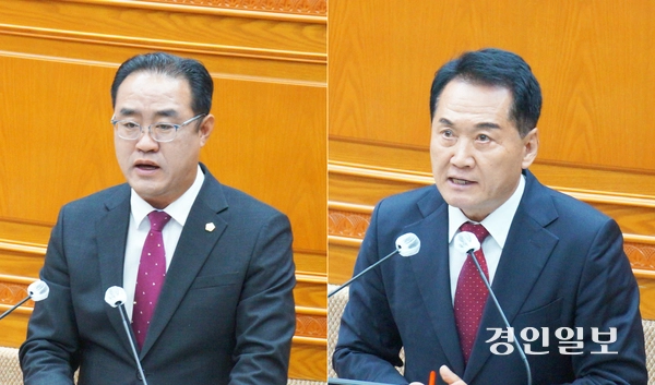 19일 오전 진행된 안양시의회 제311회 임시회 제2차 본회의에서 강익수(왼쪽) 의원과 음경택 의원이  ‘안양시 공유재산 관리 조례 일부개정조례안에 대한 수정안’에 대한 반대 토론을 하고 있다. 2026.6.19. 안양/박상일기자 metro@kyeongin.com