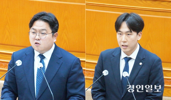 19일 오전 진행된 안양시의회 제311회 임시회 제2차 본회의에서 채진기(왼쪽) 의원과 곽동윤 의원이  ‘안양시 공유재산 관리 조례 일부개정조례안에 대한 수정안’에 대한 찬성 토론을 하고 있다. 2026.6.19. 안양/박상일기자 metro@kyeongin.com