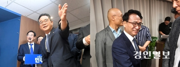 더불어민주당 송영길 의원의 당대표 출마 기자회견에 참석한 민병덕(안양 동안갑), 박선원(인천 부평을) 의원. 2026.7.8 /김우성기자 wskim@kyeongin.com