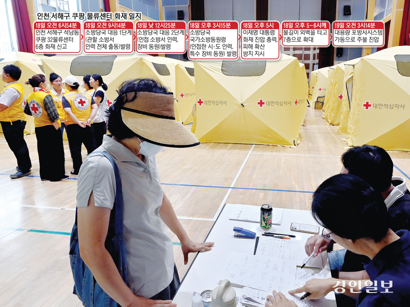 지난 18일 오전 인천 서해구 석남동 쿠팡 물류센터에서 불이 났다. 소방 당국은 이튿날인 19일에도 화재 진압을 이어갔다. 인근 신현초등학교 체육관에 마련된 임시 대피소에서 한 주민이 상담을 받고 있다. 2026.7.18 /김용국기자 yong@kyeongin.com