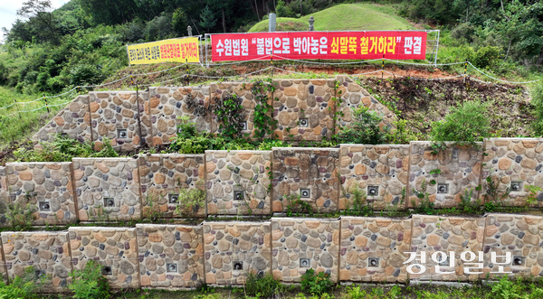 지난 달 용인시 처인구 원삼면 학일리 함안 조씨 중종 묘소 앞에 설치된 ‘앵커체’. 2026.7.29 /임열수기자 pplys@kyeongin.com