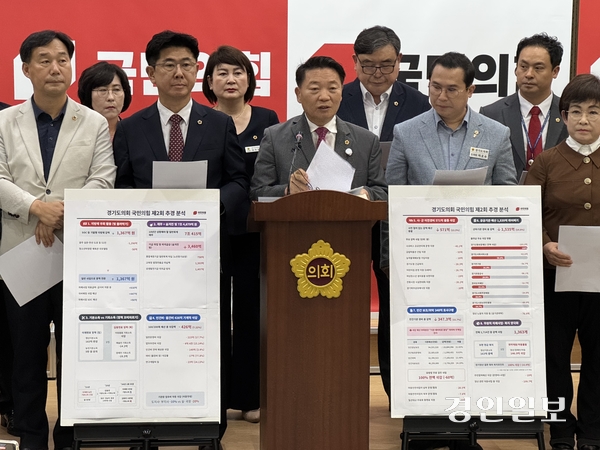 방성환(성남5) 도의회 국민의힘 대표의원을 비롯한 국민의힘 소속 의원들은 31일 오후 도의회 브리핑룸에서 기자회견 열고 경기도의 감액 추경을 두고 “‘제 살 깎아 먹기’식 통제”라고 비판했다. 2026.8.31 /한규준기자 kkyu@kyeongin.com