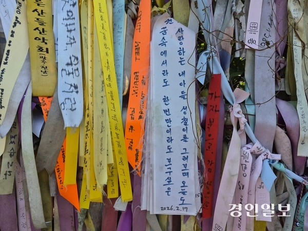 임진각 평화누리공원 자유의 다리 초입에 묶여있는 편지. 아들을 그리워하는 어머니의 마음이 묻어있다. 2026.9.14 /김태강기자 think@kyeongin.com