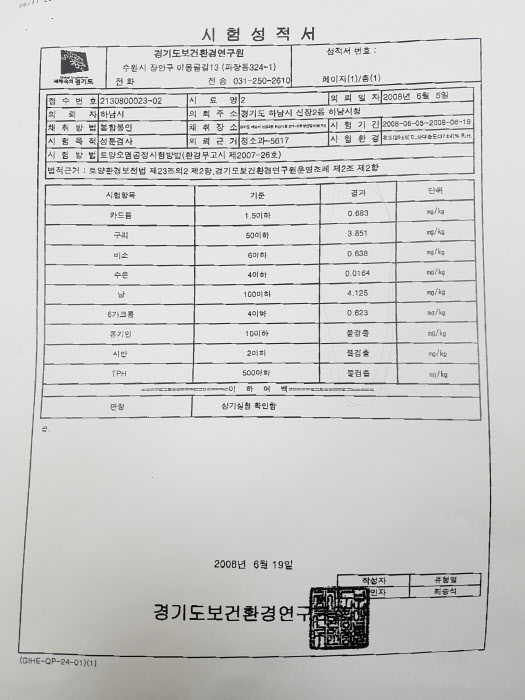하남시가 성분분석 의뢰한 우성산업개발 골재야적장 폐골재 시험성적서