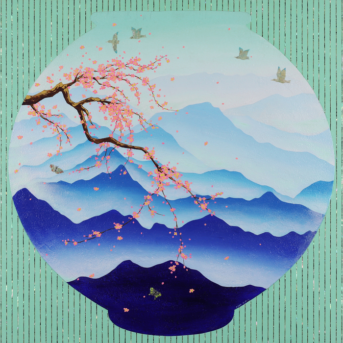 최원숙 作 꽃비내리는날, 2024, 혼합재료, 91x91㎝ /갤러리 벨라 제공
