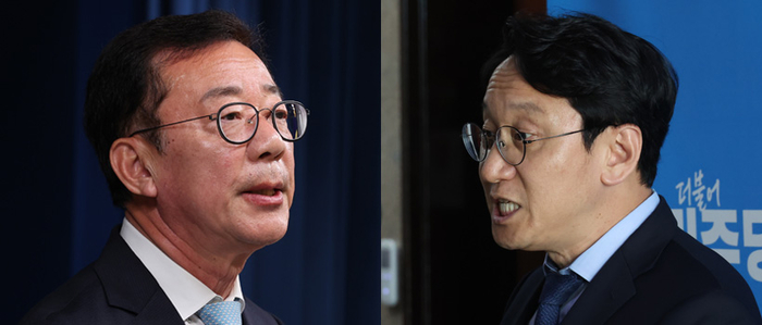 25일 영수회담 실무회동 결과 발표하는 홍철호(사진 왼쪽) 정무수석, 천준호 민주당 당대표 비서실장. 2024.4.25 /연합뉴스