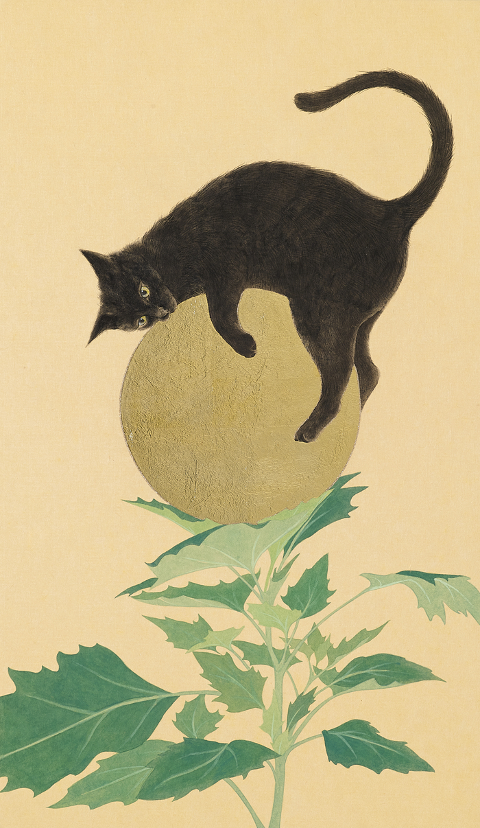 이정희 作 별천지 월묘희락(月猫喜樂), 2023, 옻지에 채색·금박, 60x35cm /도든아트하우스 제공