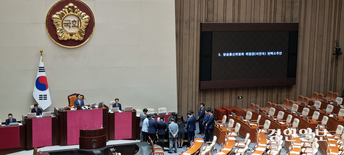 국회가 2일 이진숙 방통위원장 탄핵안 표결 후 개표 하고 있다. 민주당은 2인운영의 위법성을 문제삼아왔지만 실제 방통위원장에 대한 탄핵소추안 표결은 이번이 처음이다. 이동관·김홍일 전 위원장은 탄핵안이 가결될 경우 재판이 진행되기 전까지 업무가 마비되기에 모두 사직했다. 2024.08.02 /권순정기자 sj@kyeongin.com