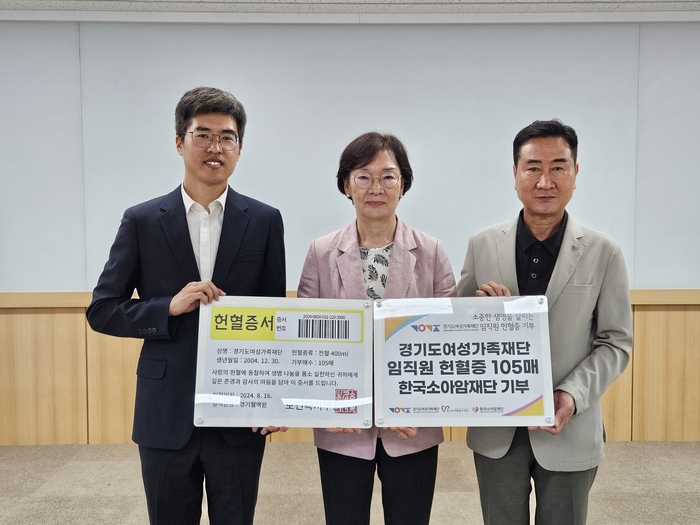 경기도여성가족재단이 소아암 환우를 위해 재단 임직원들이 자발적으로 기증한 105매의 헌혈증서를 한국소아암재단에 전달했다. /경기도여성가족재단 제공