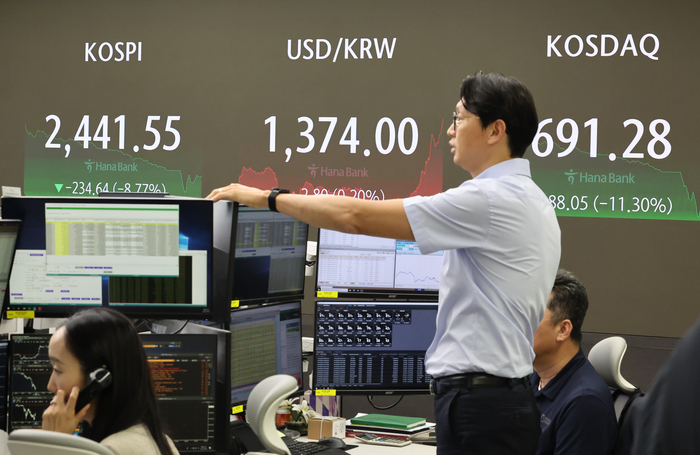 5일 오전 서울 중구 하나은행 본점 딜링룸 현황판에 코스피, 코스닥 지수, 원/달러 환율이 표시돼 있다. 이날 코스피는 전장보다 234.64p(8.77%) 내린 2,441.55로, 코스닥 지수는 전 거래일보다 88.05p(11.30%) 내린 691.28로 마감했다. 2024.8.5 /연합뉴스
