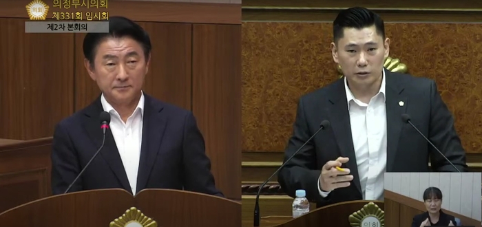 지난 6일 오후 제331회 의정부시의회 임시회 제2차 본회의에서 김지호(민·오른쪽) 의원이 김동근(왼쪽) 의정부시장을 상대로 역세권개발사업 등에 대해 질문하고 있다. /의정부시의회 유투브
