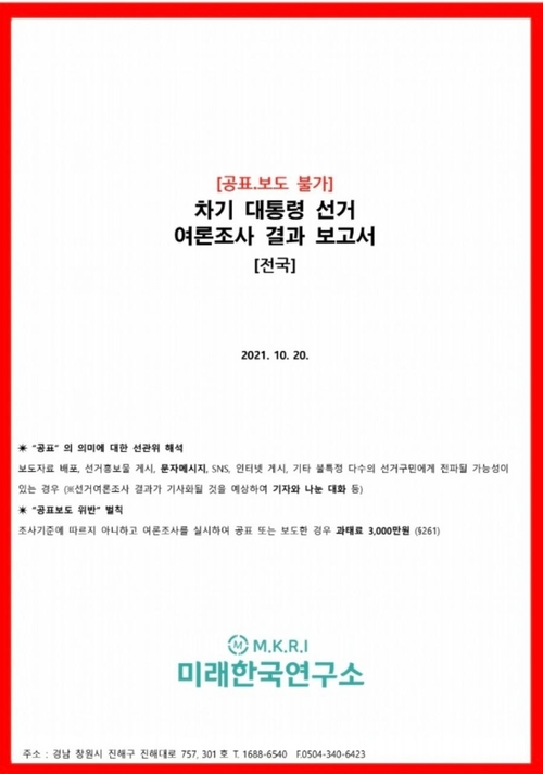 차기대통령 선거 여론조사 결과보고서 표지에는 미래한국연구소, 21년10월20, 경남창원 주소가 눈에 띈다. /노종면 의원실 제공